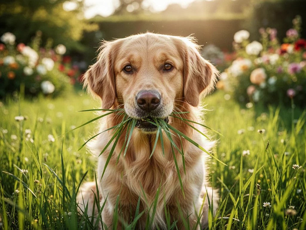 Złoty retriever siedzący na zielonej łące i jedzący świeżą trawę w słoneczny dzień.