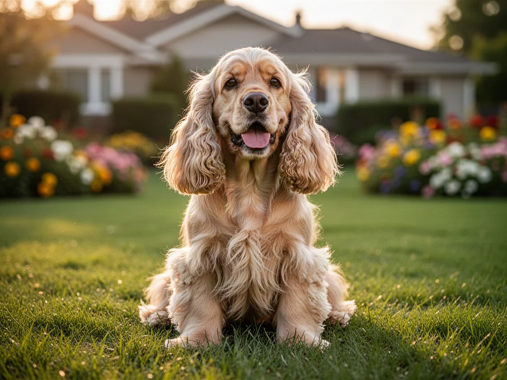 Złoty cocker spaniel z lśniącą sierścią siedzący na zielonej łące w promieniach zachodzącego słońca.
