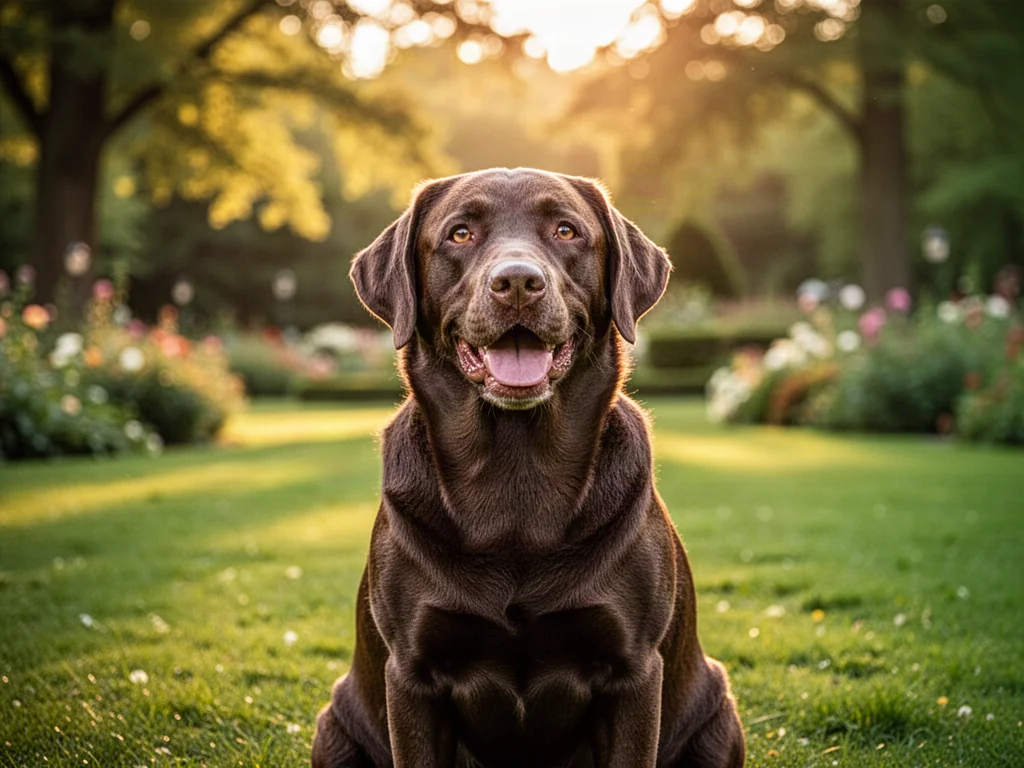 Brązowy labrador siedzący w słonecznym parku, patrzący przyjaźnie w stronę obiektywu.