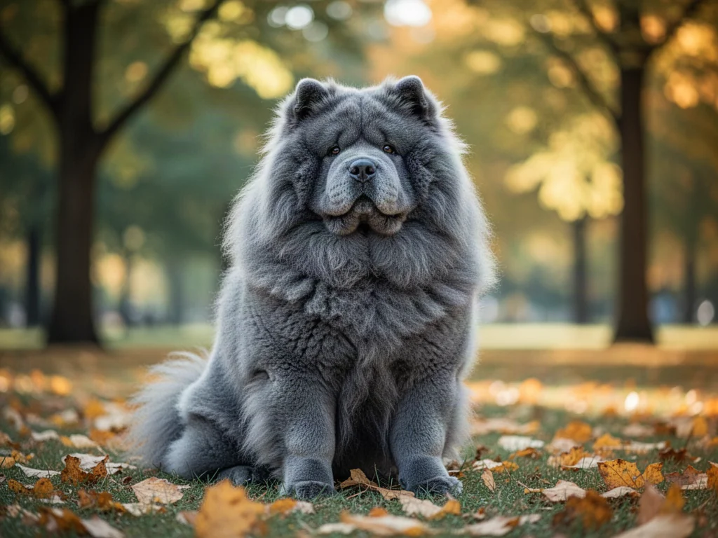 Puszysty pies rasy chow chow o niebieskim umaszczeniu siedzący w parku w jesiennej scenerii.