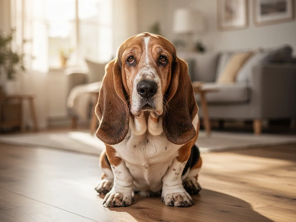 Basset Hound siedzący na drewnianej podłodze w przytulnym, słonecznym salonie. Portret psa z charakterystycznymi długimi uszami.
