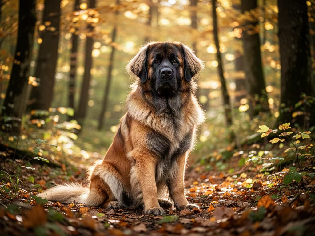 Dostojny pies rasy leonberger o złocistym umaszczeniu siedzący spokojnie w jesiennym lesie pełnym słońca.