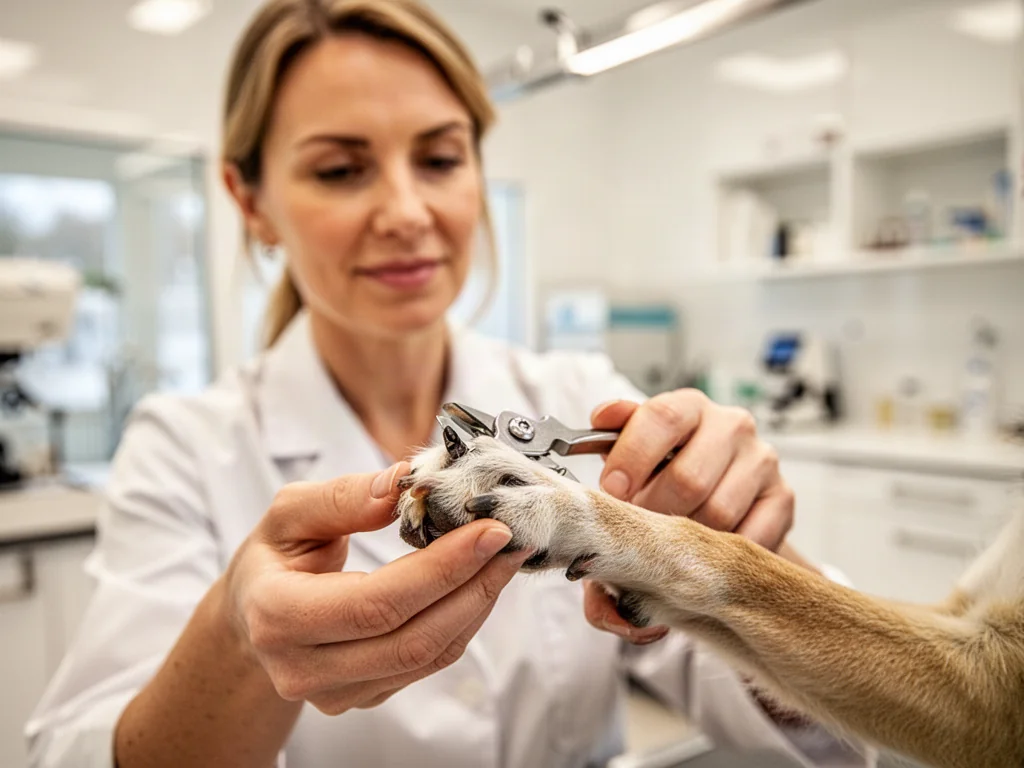 Profesjonalny groomer przycina pazury psu, delikatnie trzymając jego łapę w nowoczesnym salonie pielęgnacji.