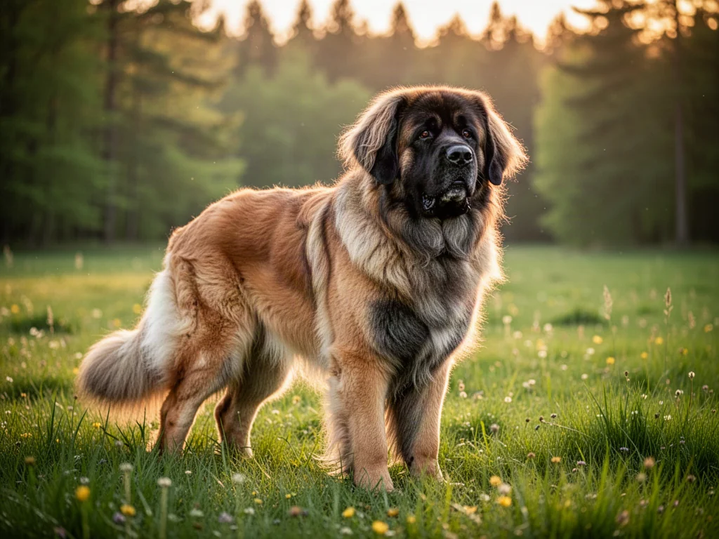 Dostojny pies rasy leonberger z charakterystyczną czarną maską, stojący dumnie na słonecznej, zielonej łące.