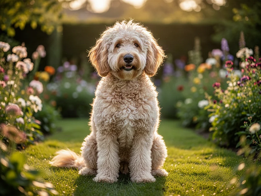 Puszysty Goldendoodle o złotym umaszczeniu siedzący w słonecznym, zielonym ogrodzie.