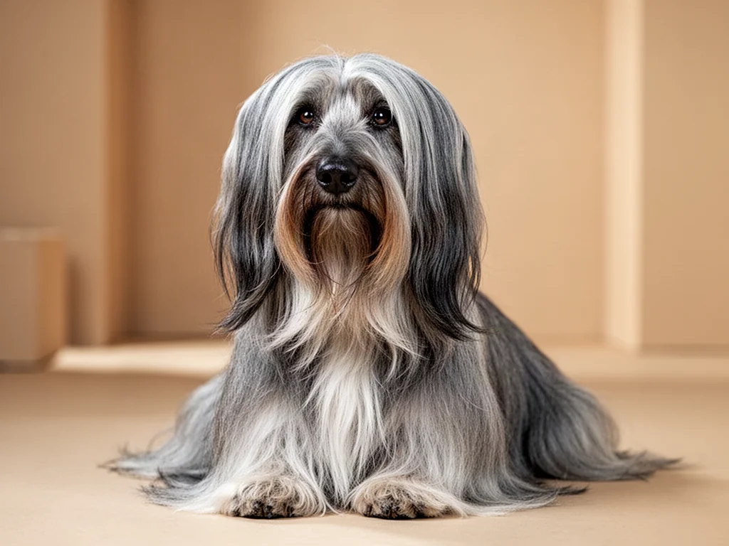 Dorosły Skye terrier o długiej, srebrzystoszarej sierści i charakterystycznych opadających uszach w eleganckiej pozie.